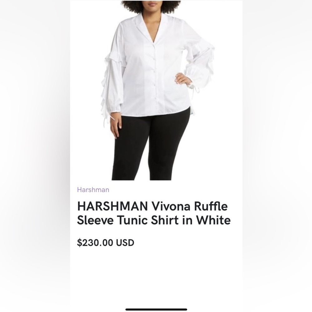 HARSHMAN Vivona Ruffle Sleeve Tunic Shirt in White Large 280 Retail